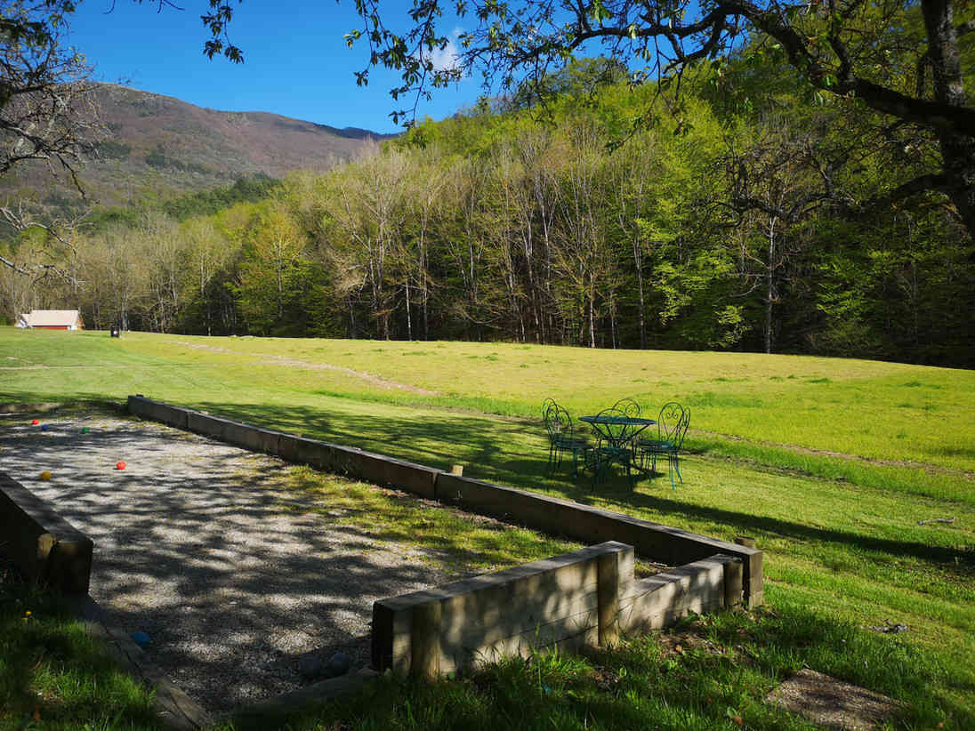 Un paysage paisible avec une pelouse verte luxuriante, des arbres, des montagnes en arrière-plan et un terrain de pétanque au premier plan