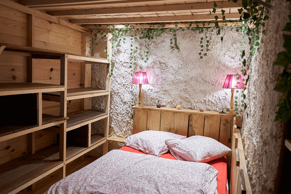 Un intérieur de chambre confortable avec un lit superposé en bois avec des étagères, un lit double avec une literie florale, deux abat-jours roses illuminant la pièce, et des vignes vertes suspendues au plafond contre un mur texturé.