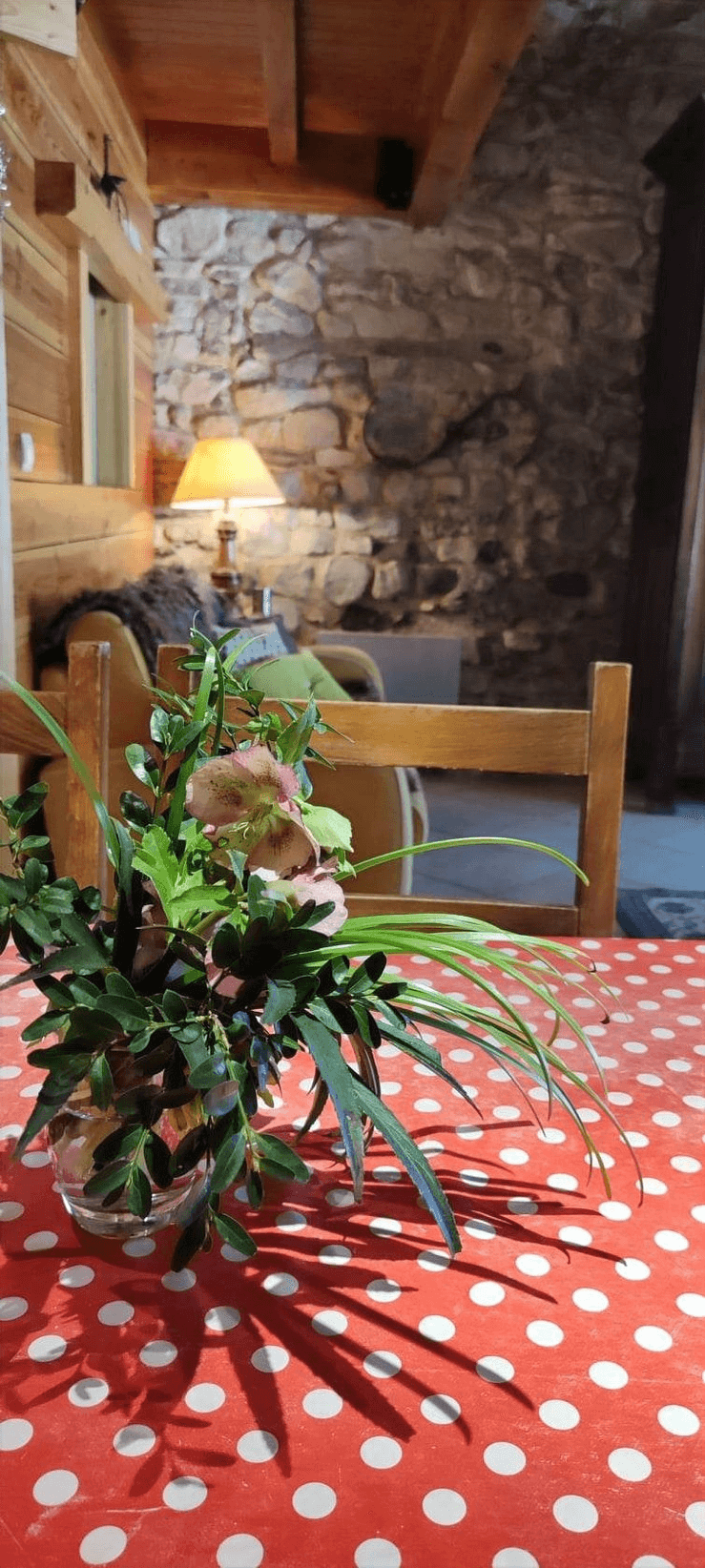 Un cadre intérieur confortable avec une table recouverte d'une nappe rouge à pois  et blanc, ornée d'un vase de verdure et de fleurs fraîches; des chaises en bois, un mur en pierre et un éclairage chaleureux d'une lampe créent une atmosphère accueillante.